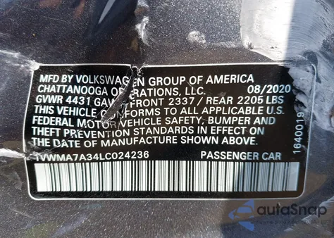 2020 Volkswagen Passat 2.0T R-Line из США, поврежденный, VIN 1VWMA7A34LC024236